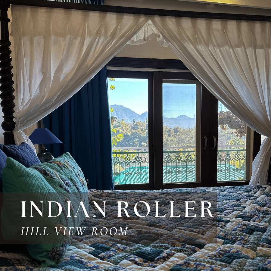 A bedroom with a large window and a view of the mountains - Indian Roller Hill View Room.